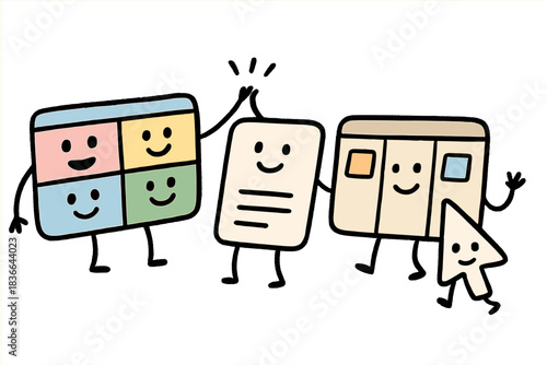 Cute Online Collaboration. Whimsical doodle of cute online tools — video call windows, shared documents, and task boards — working