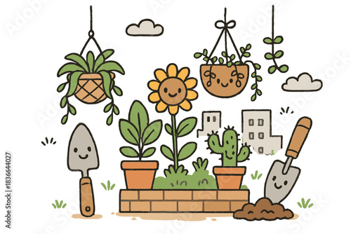 Cheerful City Garden. Adorable doodle scene of cheerful plants, hanging baskets, and friendly trowels working together in a small
