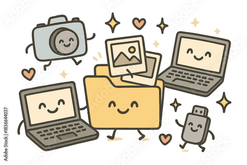 Happy Tech Organization. Adorable doodle scene of cheerful cameras, laptops, and USB drives organizing pictures into folders