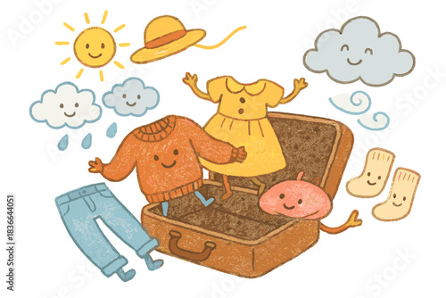 Cozy Packing Doodle. Fun doodle illustration of cozy packing scene where cute outfits and weather icons collaborate joyfully, No
