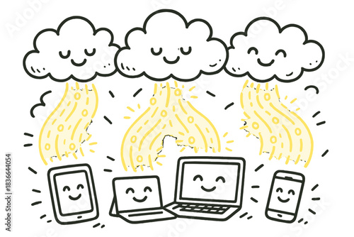 Data Flow Delight. Playful doodle composition showing friendly clouds transmitting glowing data streams to joyful laptops and