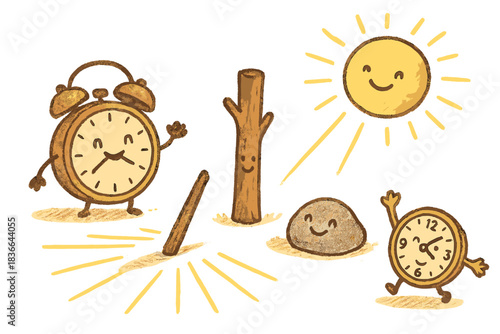 Cheerful Clocks and Shadows. Adorable doodle scene of cheerful clocks and sunbeams helping happy sticks and stones measure time by
