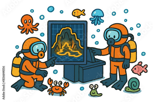Underwater Explorers and Creatures. Fun doodle illustration of underwater explorers monitoring glowing 3D cave maps while cute sea