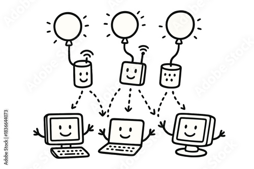 Joyful Data Transmission. Playful doodle composition showing joyful sensors and transmitters sending glowing data from floating