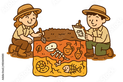Cheerful Archaeologists' Discovery. Adorable doodle scene of cheerful archaeologists recording colorful soil layers filled with