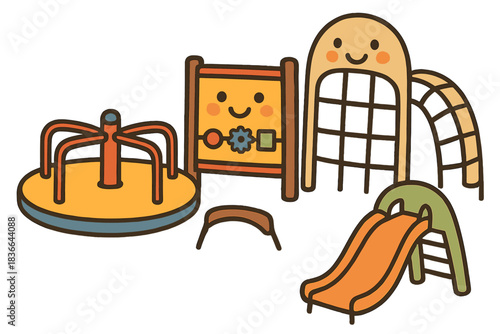 Cheerful Playground Scene. Adorable doodle scene of cheerful playground equipment — merry-go-rounds, sensory panels, and climbing