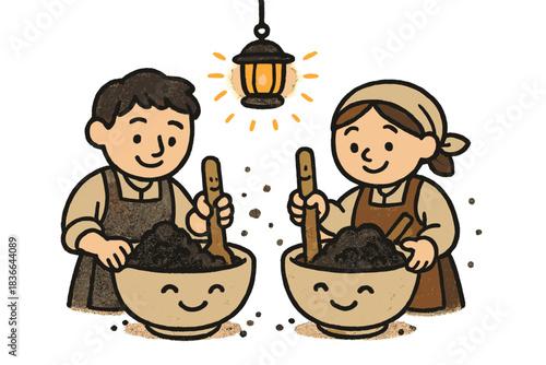 Cute Crafting Scene. Fun doodle illustration of cute craftspeople mixing soot and glue with smiling bowls and stirring sticks