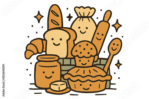 Cozy Bakery Doodle. Playful doodle composition showing friendly bakery items and utensils stacked together in a cozy pantry