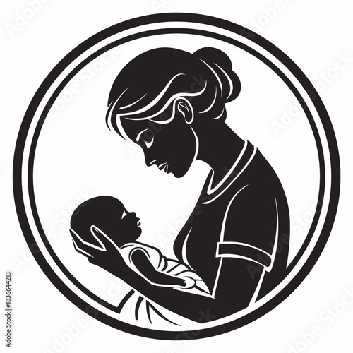 Elegant silhouette of mother lovingly holding her newborn baby, a timeless symbol of motherhood and family bond perfect for branding