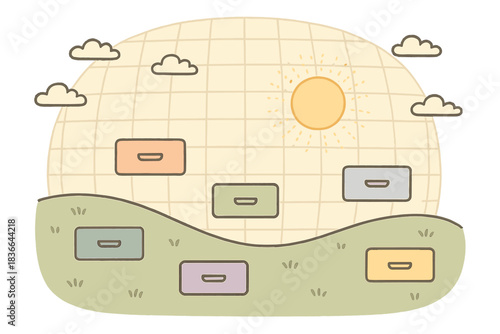 Serene Digital Dreamscape. Charming doodle vector of serene interface landscape where colorful mind archives drift peacefully