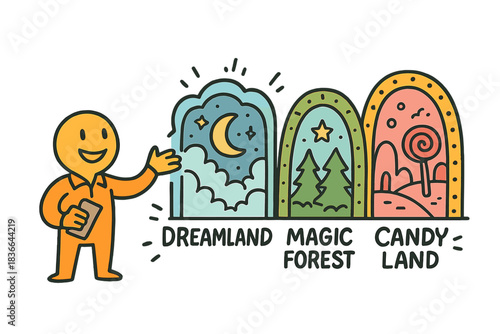 Friendly Safety Demonstration. Playful doodle vector of friendly instructor giving safety demo before colorful portals labeled