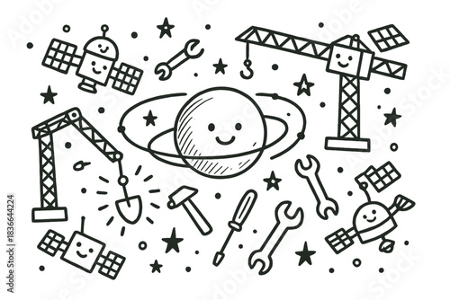 Cosmic Construction Doodle. Doodle-style vector art of friendly cosmic construction site with orbiting cranes, glowing tools, and