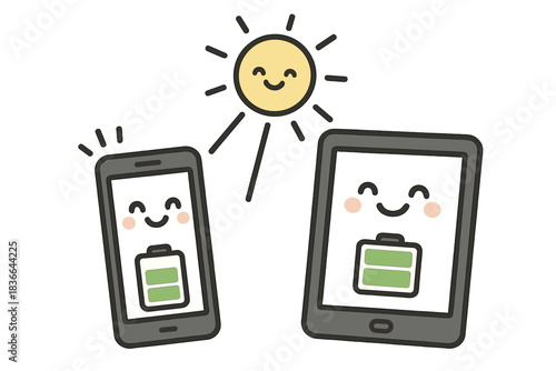 Happy Solar Devices. Cute doodle vector of happy smartphone and tablet showing cheerful battery icons filling up from solar power