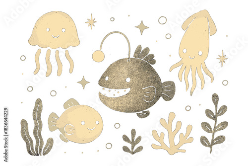 Glowing Sea Creatures. Charming doodle vector of deep-sea habitat with cute glowing animals posing for gentle scientific