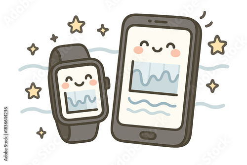 Dreamy Tech Harmony. Cute doodle vector of happy smartwatch and phone displaying sleep cycle charts with dreamy stars and gentle