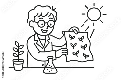 Adorable Lab Experiment. Doodle-style vector art of adorable lab scene where smiling scientist tests photosynthetic fabric under