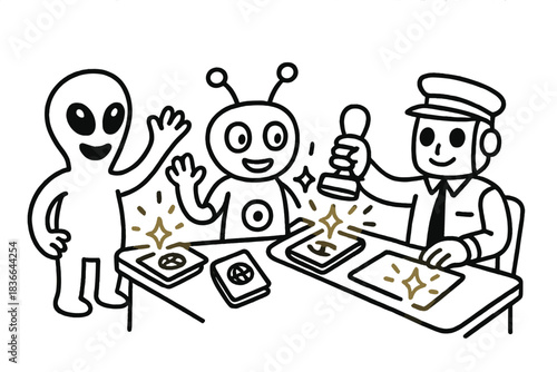 Joyful Customs Creatures. Doodle-style vector art of friendly customs desk where joyful aliens and robots stamp glowing multiverse