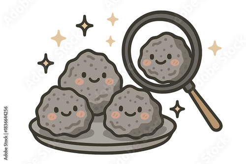 Happy Meteorite Fragments. Cute doodle vector of happy meteorite fragments sparkling on a tray while a friendly magnifier examines