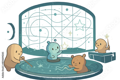 Quantum Map Exploration. Friendly quantum map room where tiny beings trace invisible space currents, doodle holograms of stars and