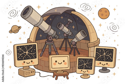 Cosmic Observatory Delight. Adorable cosmic observatory filled with telescopes and smiling data monitors mapping dark matter