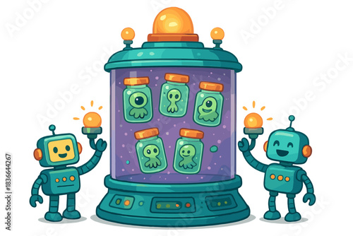 Robots in Alien Chamber. Whimsical containment chamber filled with floating jars of tiny extraterrestrial life forms, happy robots