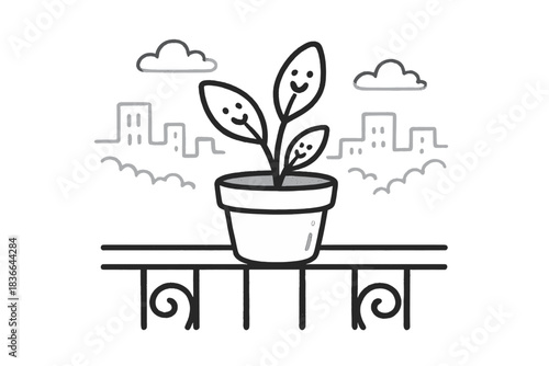 Smiling Balcony Plant. Cute doodle icon of a potted plant on a balcony railing, tiny smiling leaves reaching toward the sky, soft