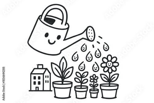 Smiling Droplets Watering. Friendly doodle watering can hovering over potted plants with tiny droplets forming happy faces, hint