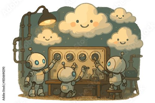 Cheerful Weather Robots. Charming atmospheric lab where cute robots adjust weather knobs and clouds form happy faces in response,