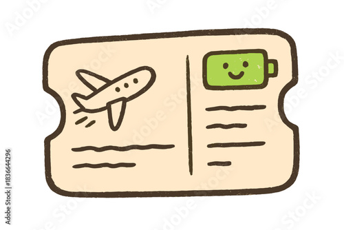 Doodle Plane Ticket Energy. Charming doodle plane ticket with a tiny battery indicator glowing full, happy travel energy and