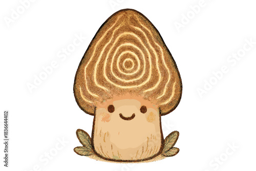 Whimsical Morel Mushroom. Cute doodle morel mushroom whose gill pattern resembles tree rings, softly glowing lines showing age and