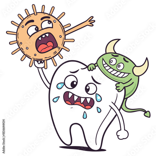 Cute crying tooth suffering attack from happy green demon and scary orange germ character concept