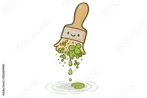 Aquatic Brush Doodle. Cute doodle paintbrush dripping with tiny aquatic plants and lily leaves, soft ripples forming where drops