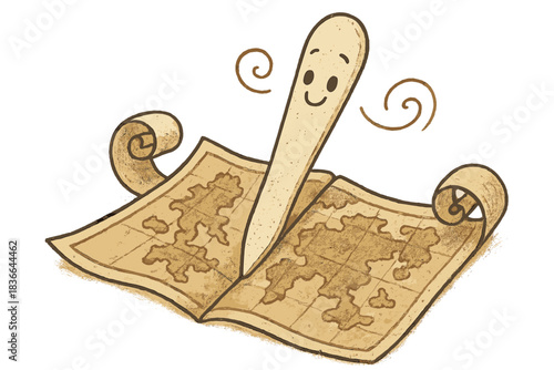 Whimsical Bone Folder. Whimsical doodle bone folder making a perfect crease in a vintage map, gentle paper curls and happy