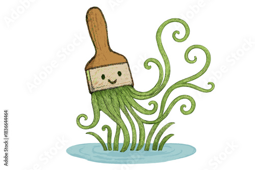 Paintbrush Over Pond. Friendly doodle paintbrush resting above a calm pond, strands of green plants swirling playfully from its