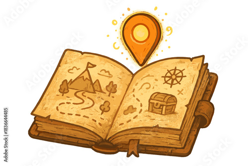 Magical Quest Log. Whimsical doodle quest log book with a glowing marker pin hovering above it, magical parchment texture and cozy