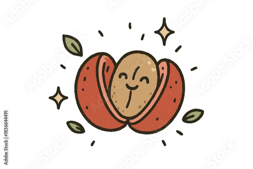 Smiling Coffee Bean. Cute doodle coffee cherry split open to reveal the smiling bean inside, surrounded by tiny leaves and
