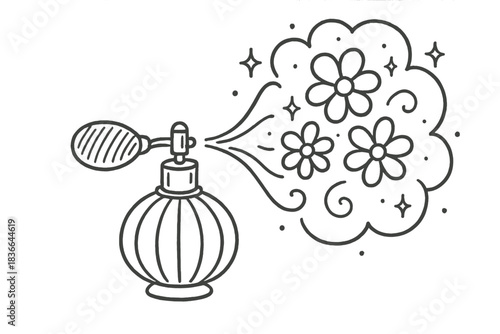 Floral Perfume Burst. Charming doodle perfume atomizer spraying a scented cloud shaped like blooming flowers, delicate sparkles