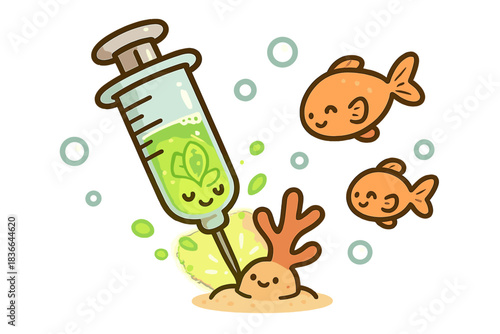 Algae Injection Art. Cute doodle syringe gently injecting glowing beneficial algae onto a tiny coral fragment, surrounded by