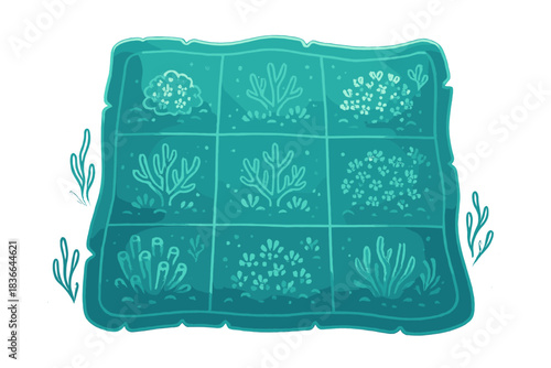 Glowing Reef Restoration. Friendly doodle reef restoration map glowing under gentle ocean light, grid filled with tiny thriving