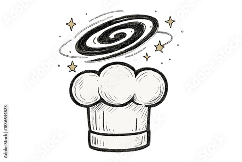 Galactic Chef's Hat. Charming doodle chef’s hat topped with a spinning galaxy, twinkling stars orbiting like tiny ingredients, No