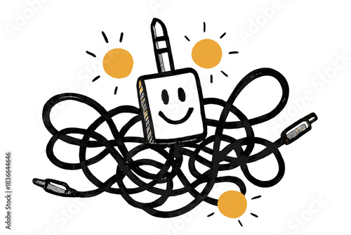 Cheerful Doodle amid Techno. Friendly doodle comparator jack smiling among tangled cables, pulsing lights in sync with modular