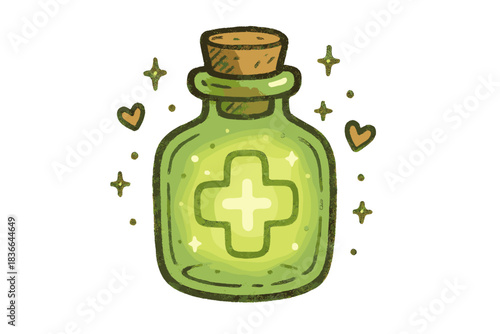 Glowing Healing Potion. Charming doodle health potion bottle glowing softly with a “healing” symbol inside, tiny hearts and