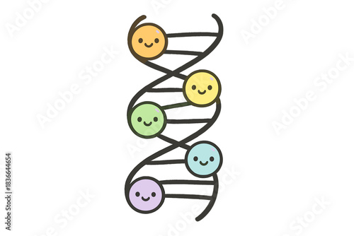 Smiling DNA Helix. Cute doodle DNA helix with customizable glowing “nodes,” each one smiling and changing color to represent
