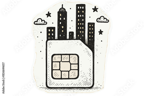 SIM City Skyline. Whimsical doodle SIM card whose signal bars rise like skyscrapers, tiny windows and lights giving it a city