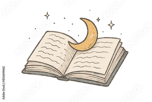 Charming Doodle Book. Charming doodle book resting open with a crescent moon-shaped bookmark tucked inside, surrounded by drifting