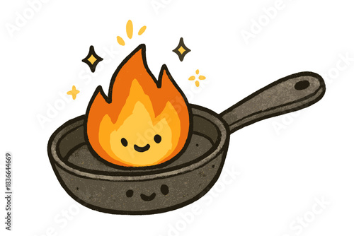 Sizzling Frying Pan. Cute doodle frying pan with a sizzling flame design inside, tiny sparkles of heat and happy cooking energy,