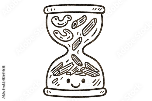 Macaroni Hourglass Countdown. Friendly doodle hourglass filled with macaroni and penne “sand,” cheerful countdown vibe, No text,