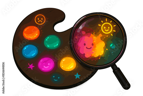 Glowing Pigment Palette. A palette with glowing pigments under a magnifying glass, tiny happy doodle highlights showing color