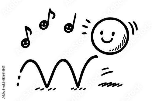 Bouncing Rhythm Ball. A “rhythm” icon of a bouncing ball following a sentence’s stress pattern, cheerful motion lines and tiny