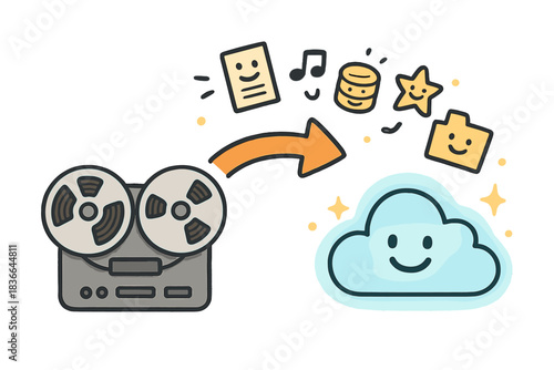 Data Migration Pathway. A “migration” arrow moving from a reel-to-reel tape to a glowing cloud symbol, happy doodle icons of data